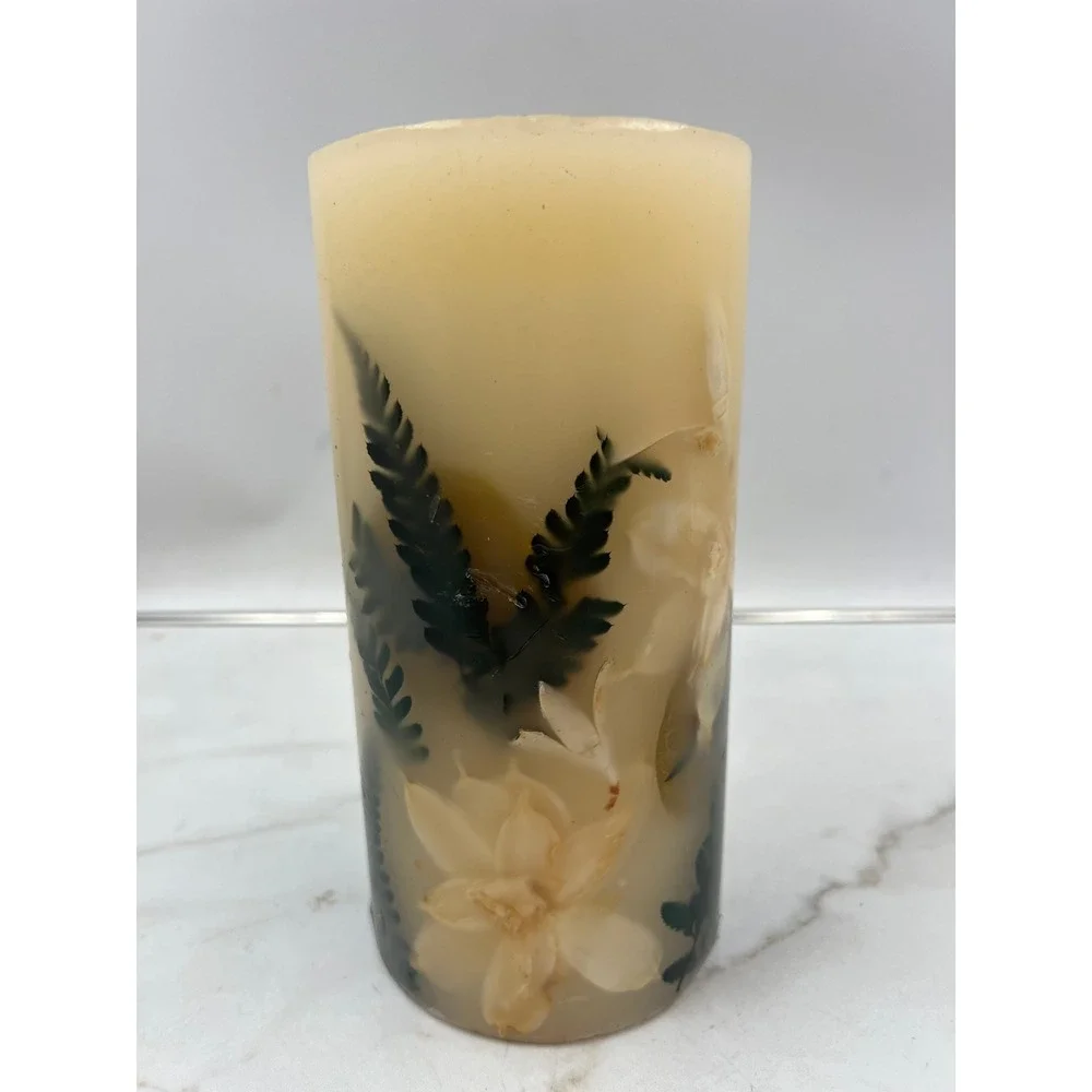 Pottery Barn Botanical Pillar Candle 4x8 Pressed Flower Fern Unscented Cream